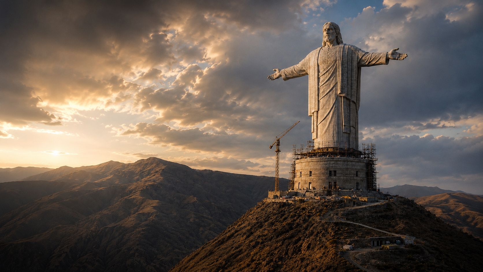 A monumental Christ statue under construction on a mountain peak at sunset, with scaffolding and a crane around its pedestal.